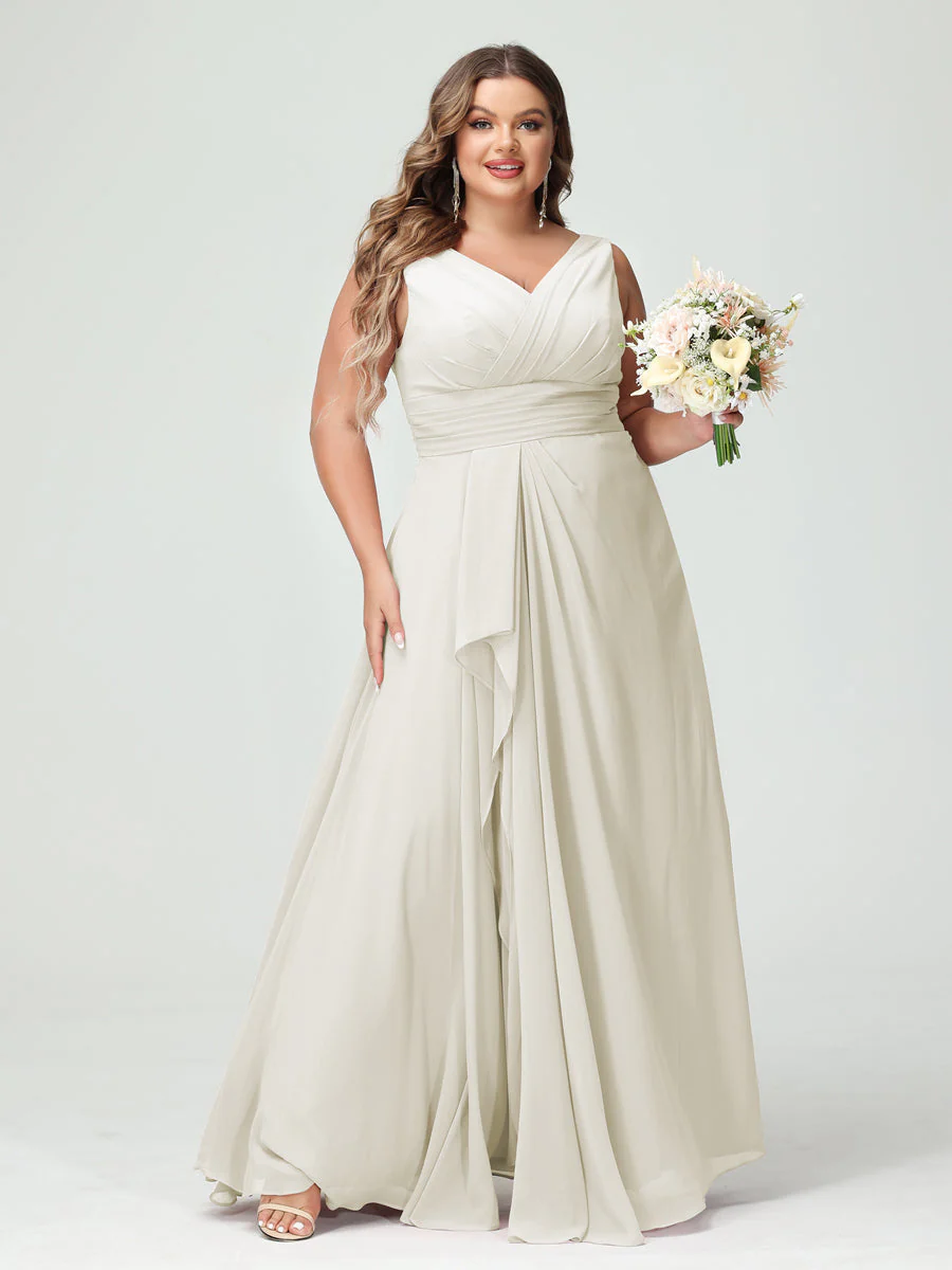 A-Line/Princess V-Neck Sleeveless Chiffon Ruffles Plus Size Bridesmaid Dresses with Pockets & Ruffles - Image 22