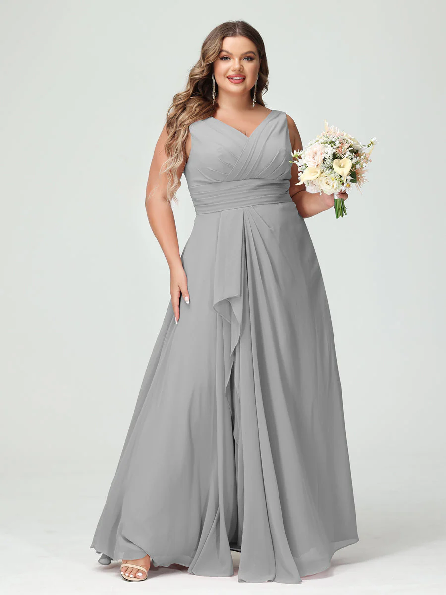 A-Line/Princess V-Neck Sleeveless Chiffon Ruffles Plus Size Bridesmaid Dresses with Pockets & Ruffles - Image 23