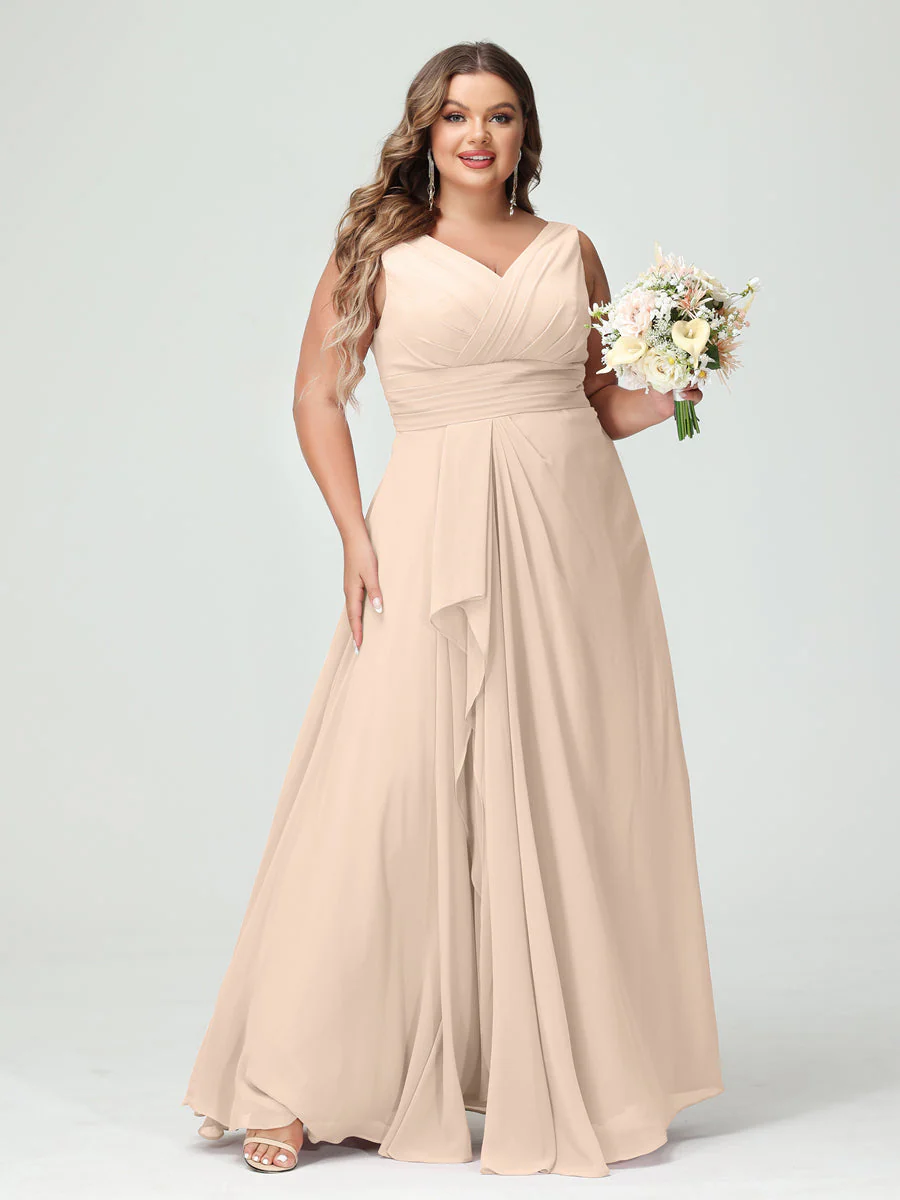 A-Line/Princess V-Neck Sleeveless Chiffon Ruffles Plus Size Bridesmaid Dresses with Pockets & Ruffles - Image 24