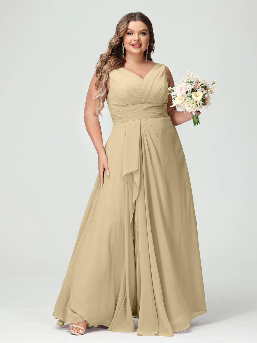 A-Line/Princess V-Neck Sleeveless Chiffon Ruffles Plus Size Bridesmaid Dresses with Pockets & Ruffles - Image 25