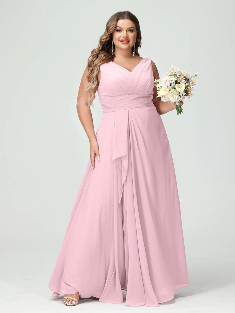 A-Line/Princess V-Neck Sleeveless Chiffon Ruffles Plus Size Bridesmaid Dresses with Pockets & Ruffles - Image 26