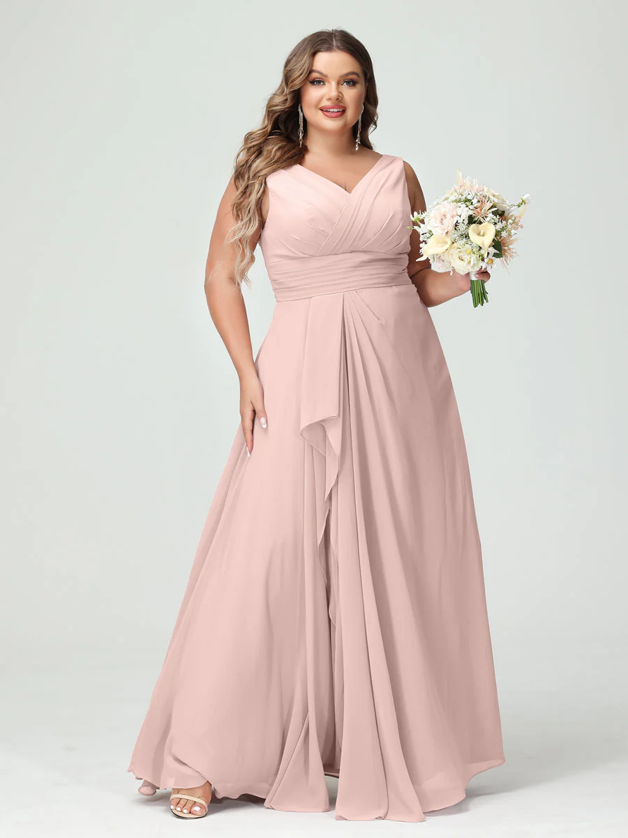 A-Line/Princess V-Neck Sleeveless Chiffon Ruffles Plus Size Bridesmaid Dresses with Pockets & Ruffles - Image 27