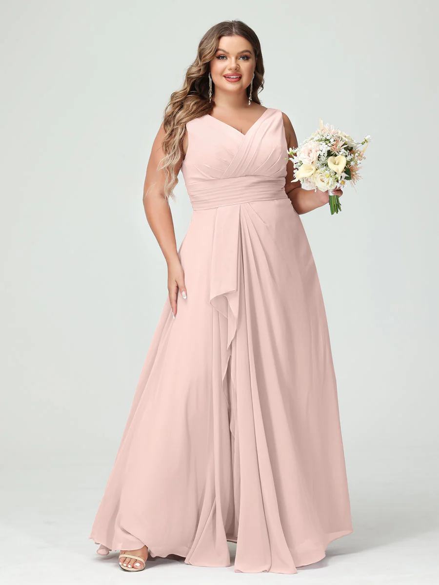 A-Line/Princess V-Neck Sleeveless Chiffon Ruffles Plus Size Bridesmaid Dresses with Pockets & Ruffles - Image 28