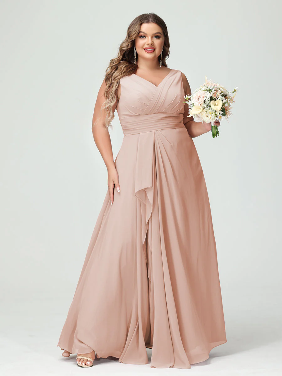 A-Line/Princess V-Neck Sleeveless Chiffon Ruffles Plus Size Bridesmaid Dresses with Pockets & Ruffles - Image 29