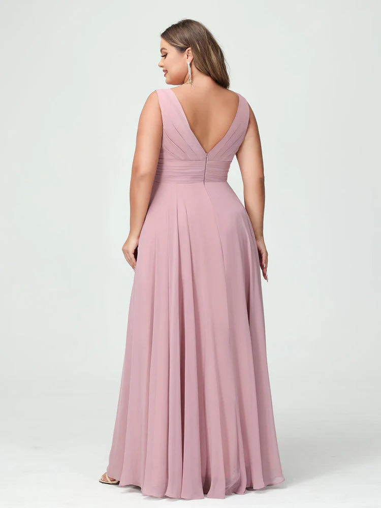 A-Line/Princess V-Neck Sleeveless Chiffon Ruffles Plus Size Bridesmaid Dresses with Pockets & Ruffles - Image 3