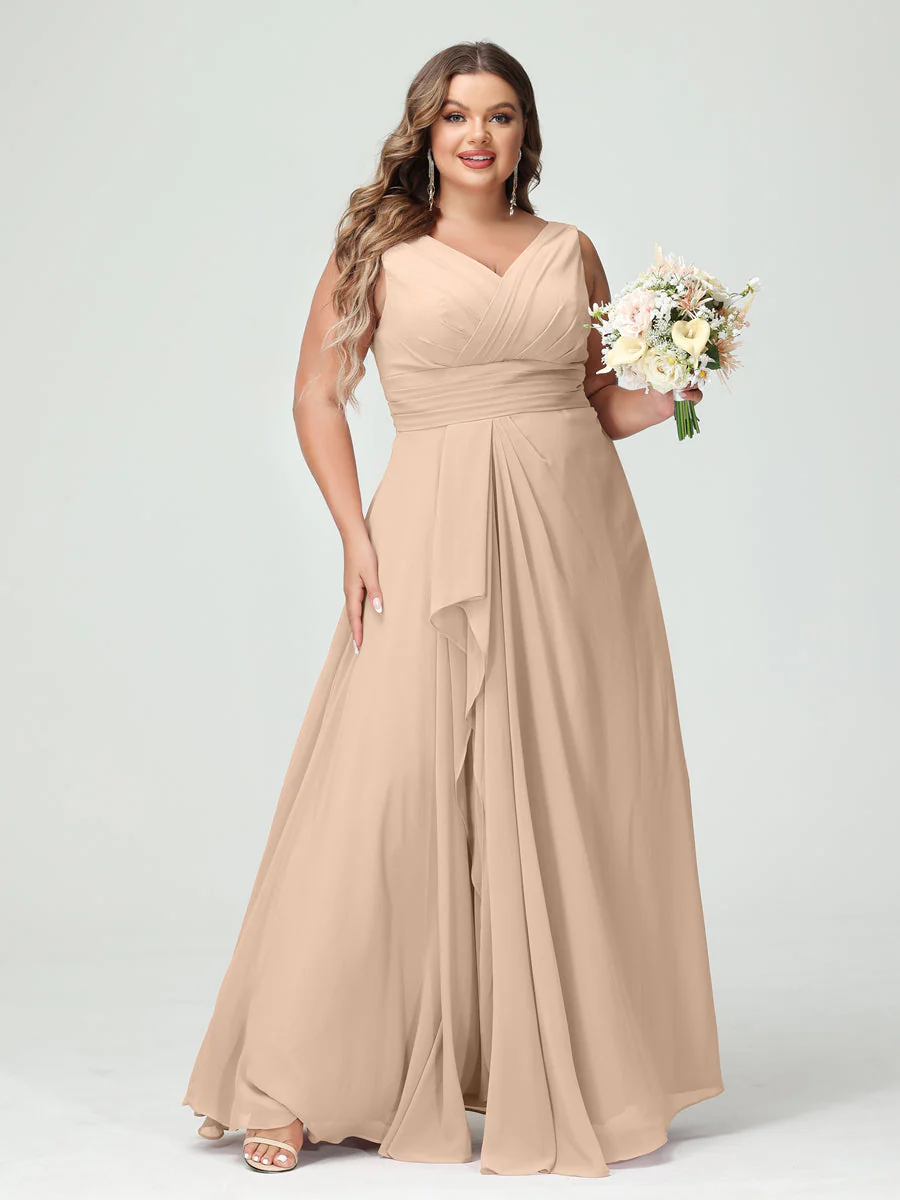 A-Line/Princess V-Neck Sleeveless Chiffon Ruffles Plus Size Bridesmaid Dresses with Pockets & Ruffles - Image 30