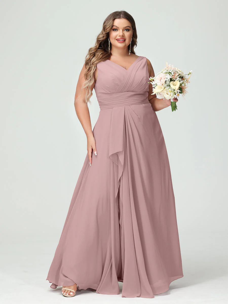 A-Line/Princess V-Neck Sleeveless Chiffon Ruffles Plus Size Bridesmaid Dresses with Pockets & Ruffles - Image 31