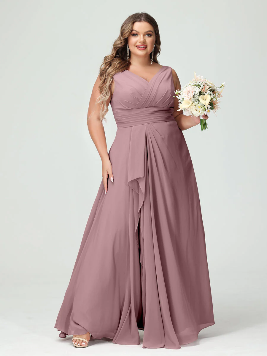 A-Line/Princess V-Neck Sleeveless Chiffon Ruffles Plus Size Bridesmaid Dresses with Pockets & Ruffles - Image 32