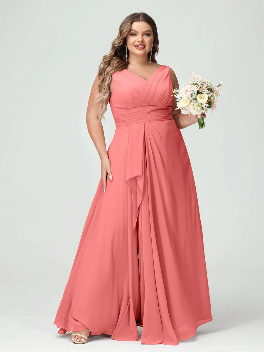 A-Line/Princess V-Neck Sleeveless Chiffon Ruffles Plus Size Bridesmaid Dresses with Pockets & Ruffles - Image 33
