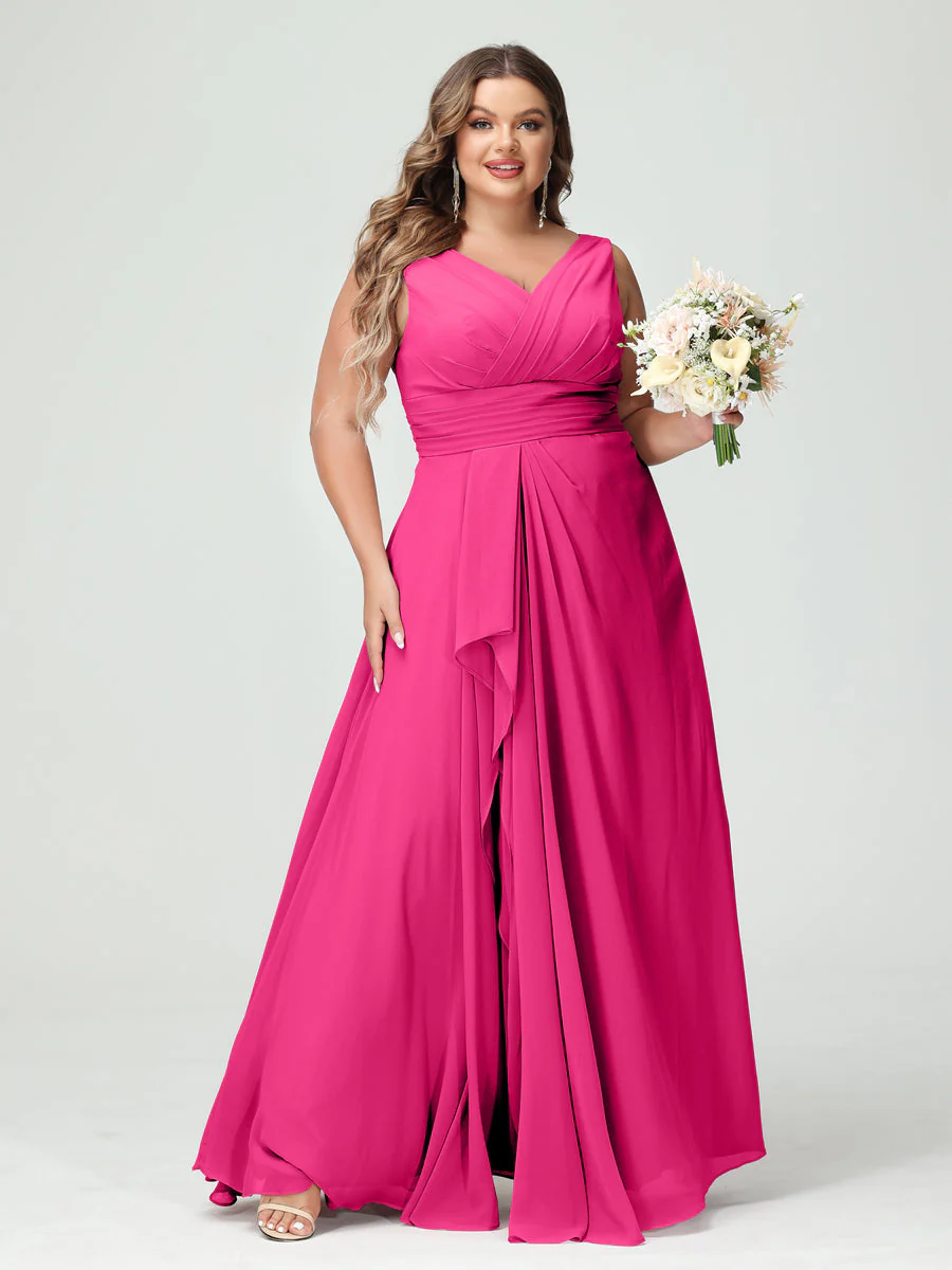 A-Line/Princess V-Neck Sleeveless Chiffon Ruffles Plus Size Bridesmaid Dresses with Pockets & Ruffles - Image 34