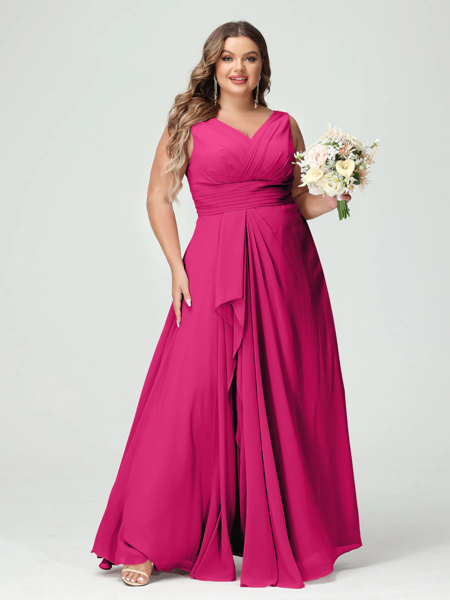 A-Line/Princess V-Neck Sleeveless Chiffon Ruffles Plus Size Bridesmaid Dresses with Pockets & Ruffles - Image 35