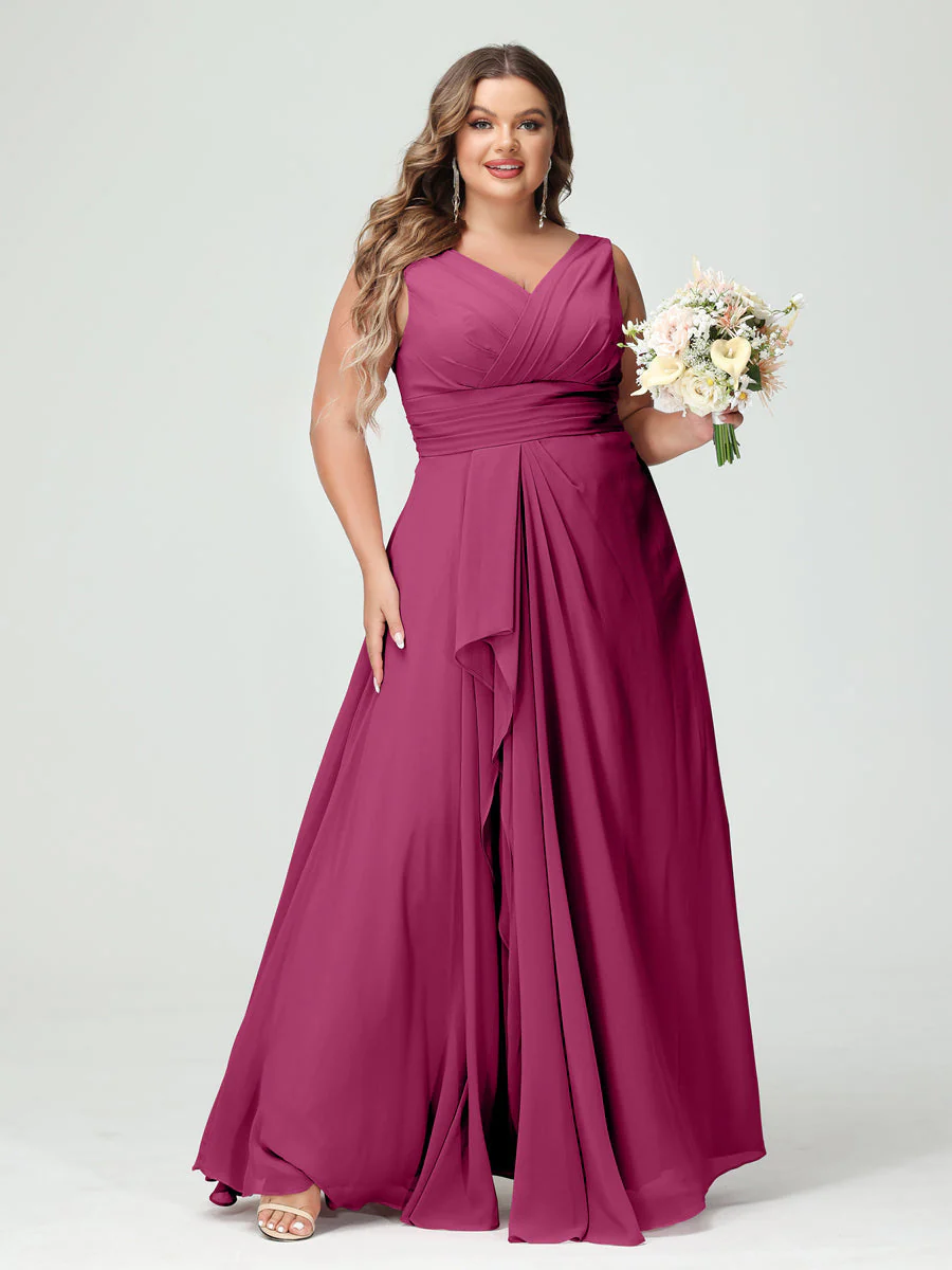 A-Line/Princess V-Neck Sleeveless Chiffon Ruffles Plus Size Bridesmaid Dresses with Pockets & Ruffles - Image 36