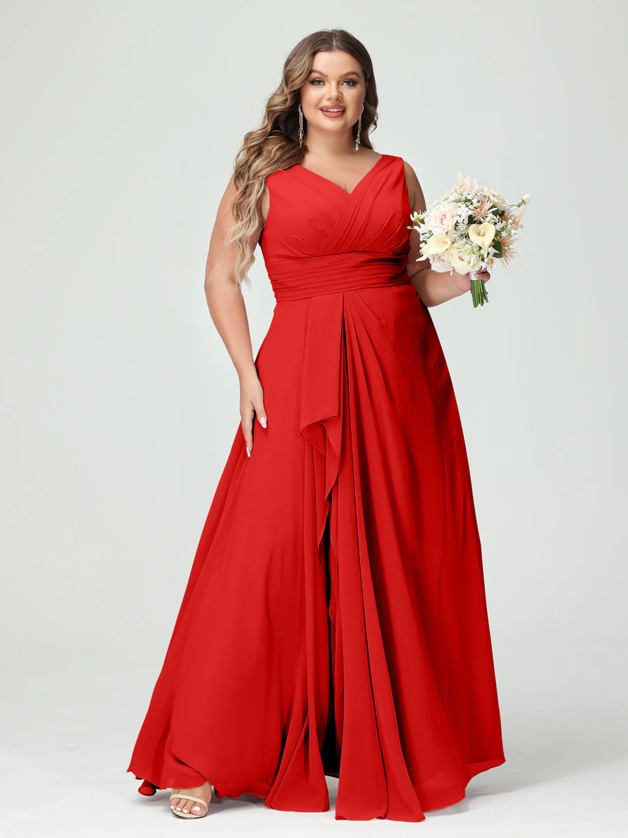 A-Line/Princess V-Neck Sleeveless Chiffon Ruffles Plus Size Bridesmaid Dresses with Pockets & Ruffles - Image 37