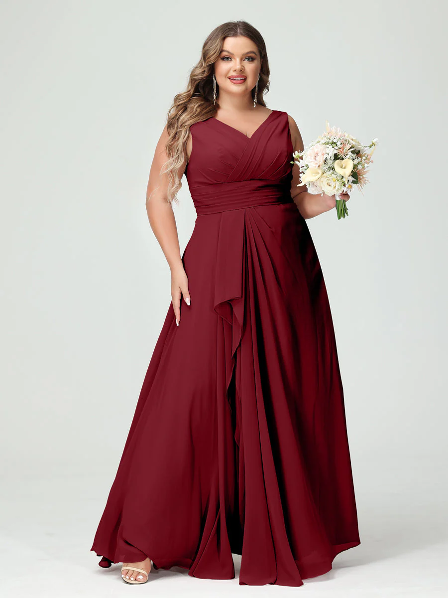 A-Line/Princess V-Neck Sleeveless Chiffon Ruffles Plus Size Bridesmaid Dresses with Pockets & Ruffles - Image 38