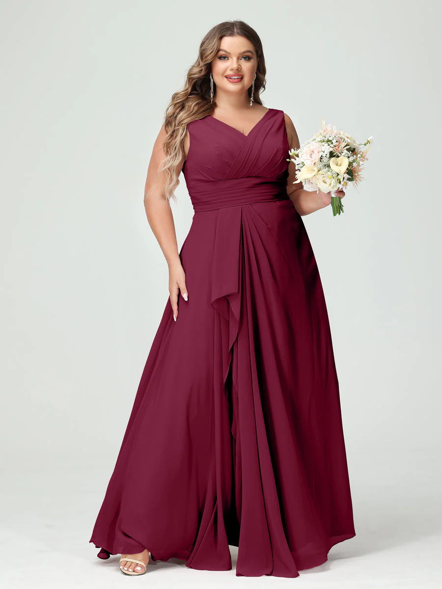 A-Line/Princess V-Neck Sleeveless Chiffon Ruffles Plus Size Bridesmaid Dresses with Pockets & Ruffles - Image 39