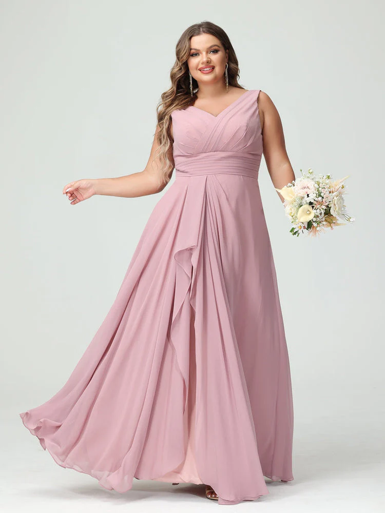 A-Line/Princess V-Neck Sleeveless Chiffon Ruffles Plus Size Bridesmaid Dresses with Pockets & Ruffles - Image 4