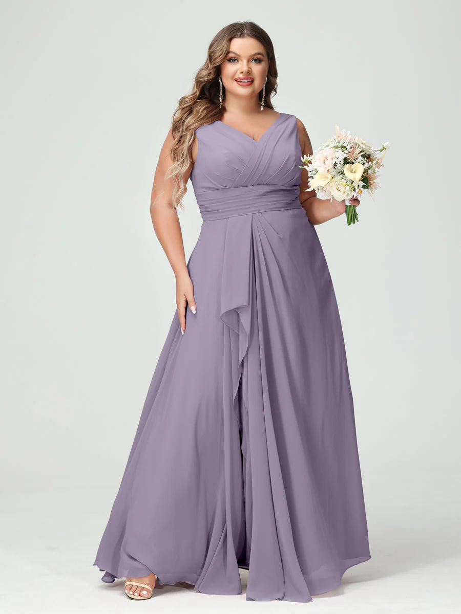 A-Line/Princess V-Neck Sleeveless Chiffon Ruffles Plus Size Bridesmaid Dresses with Pockets & Ruffles - Image 40