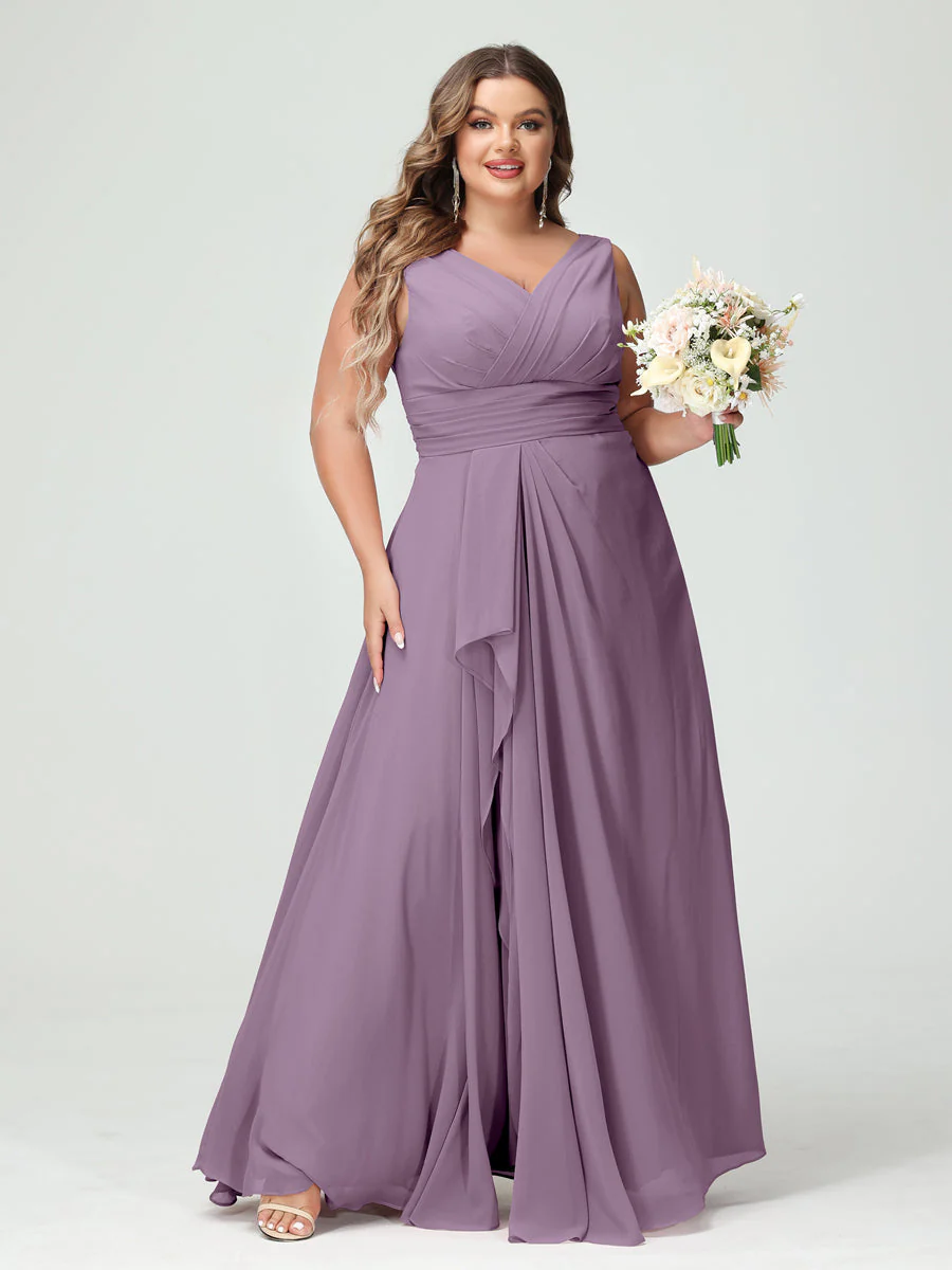 A-Line/Princess V-Neck Sleeveless Chiffon Ruffles Plus Size Bridesmaid Dresses with Pockets & Ruffles - Image 41