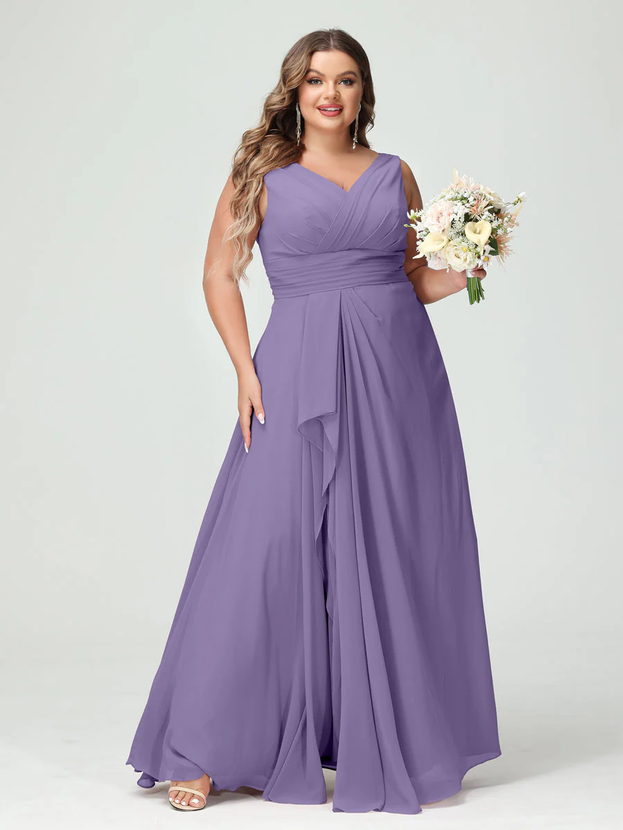 A-Line/Princess V-Neck Sleeveless Chiffon Ruffles Plus Size Bridesmaid Dresses with Pockets & Ruffles - Image 42