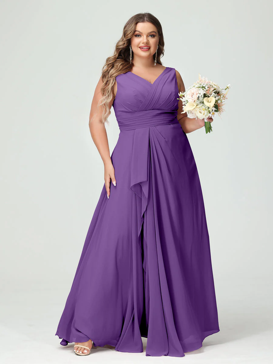 A-Line/Princess V-Neck Sleeveless Chiffon Ruffles Plus Size Bridesmaid Dresses with Pockets & Ruffles - Image 43