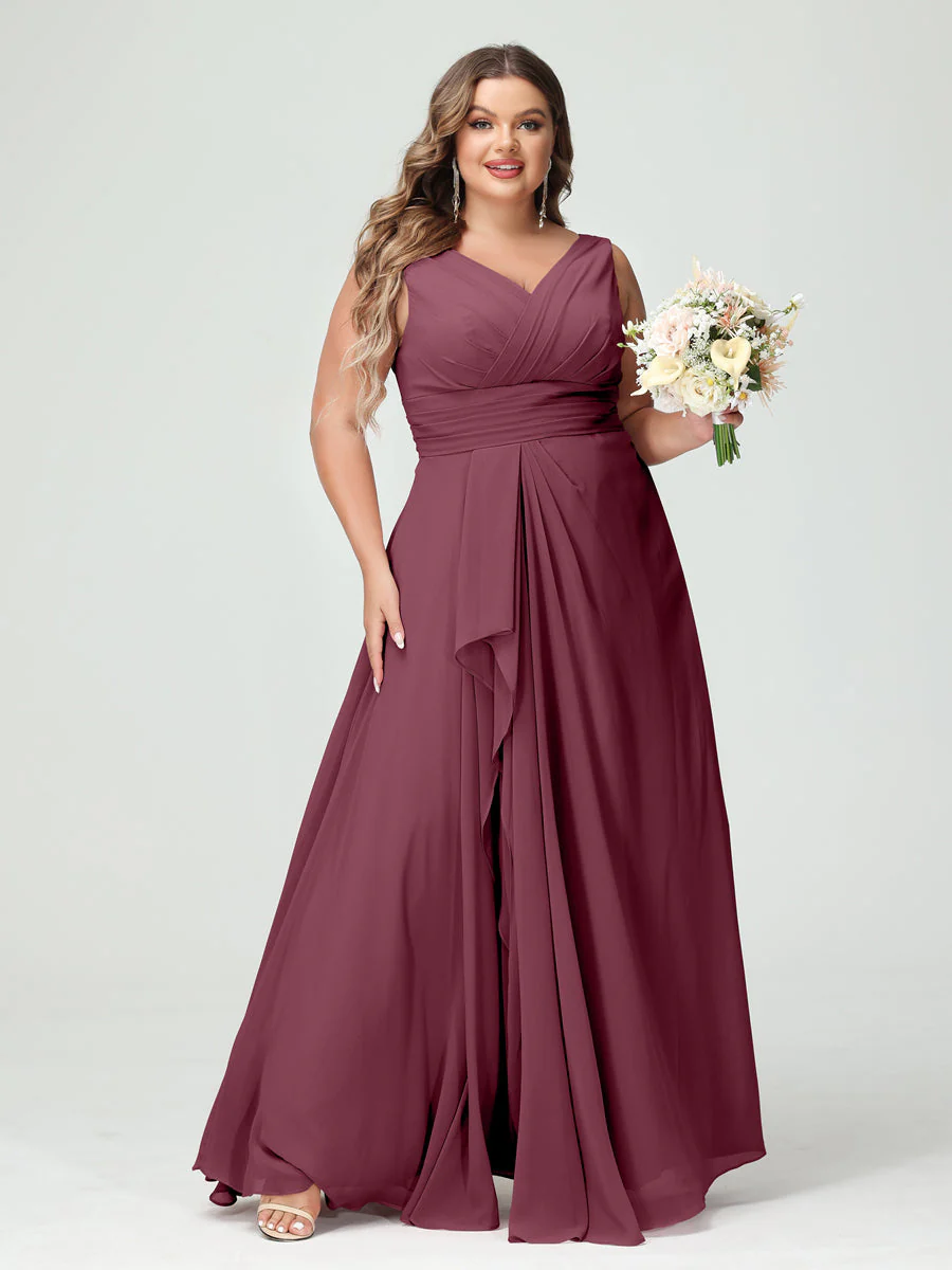 A-Line/Princess V-Neck Sleeveless Chiffon Ruffles Plus Size Bridesmaid Dresses with Pockets & Ruffles - Image 44