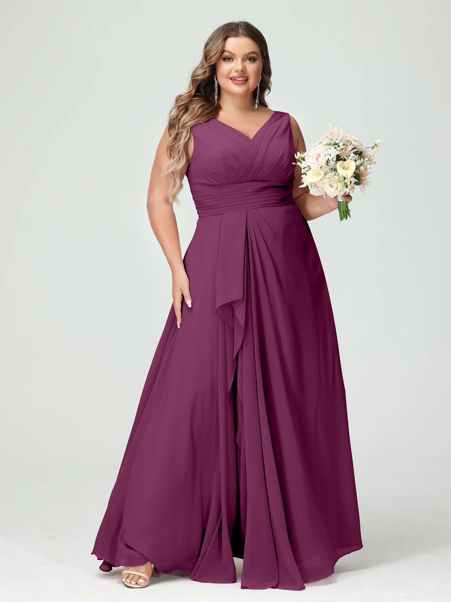 A-Line/Princess V-Neck Sleeveless Chiffon Ruffles Plus Size Bridesmaid Dresses with Pockets & Ruffles - Image 45