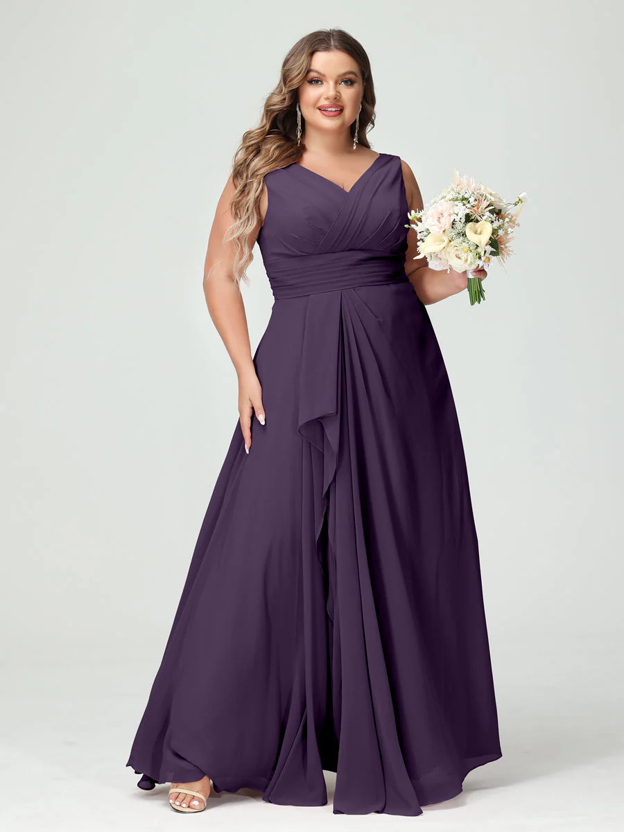 A-Line/Princess V-Neck Sleeveless Chiffon Ruffles Plus Size Bridesmaid Dresses with Pockets & Ruffles - Image 46