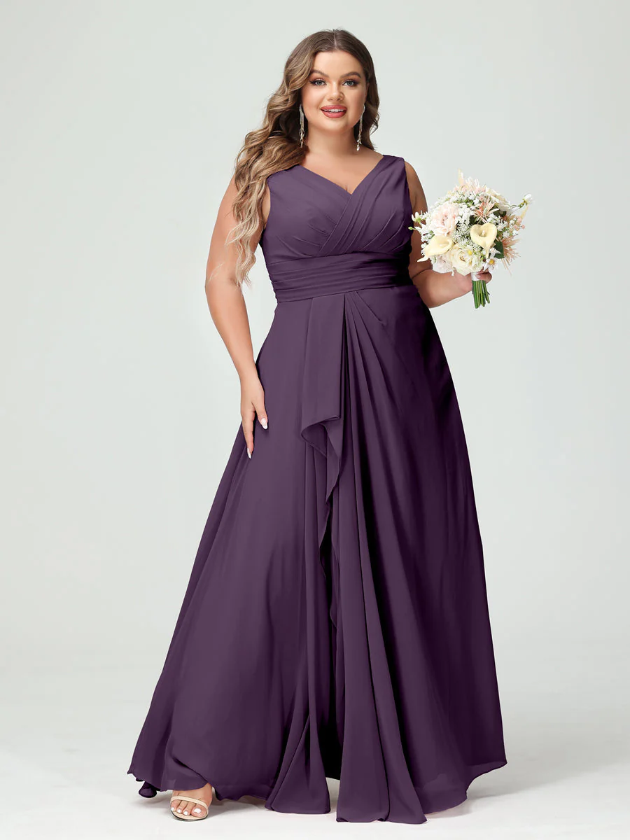 A-Line/Princess V-Neck Sleeveless Chiffon Ruffles Plus Size Bridesmaid Dresses with Pockets & Ruffles - Image 47