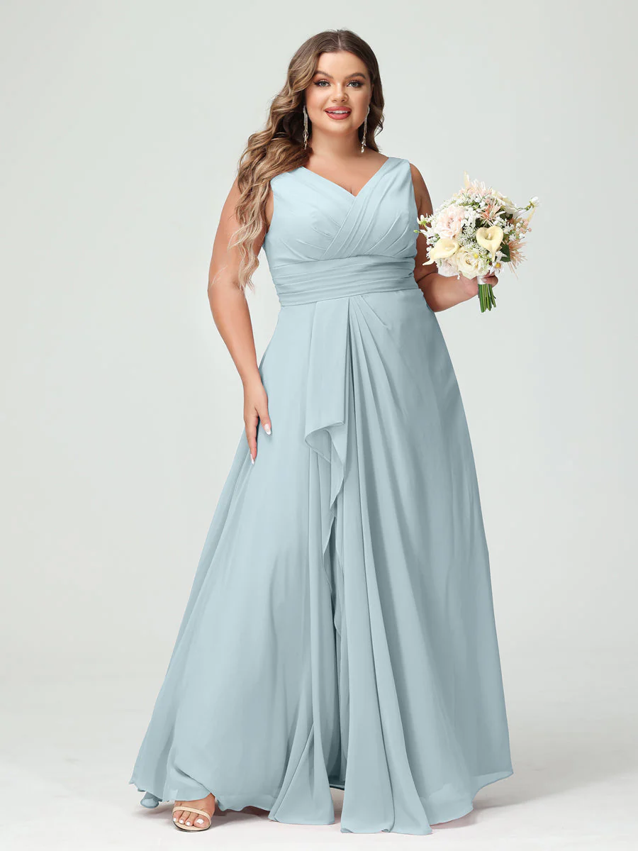 A-Line/Princess V-Neck Sleeveless Chiffon Ruffles Plus Size Bridesmaid Dresses with Pockets & Ruffles - Image 48