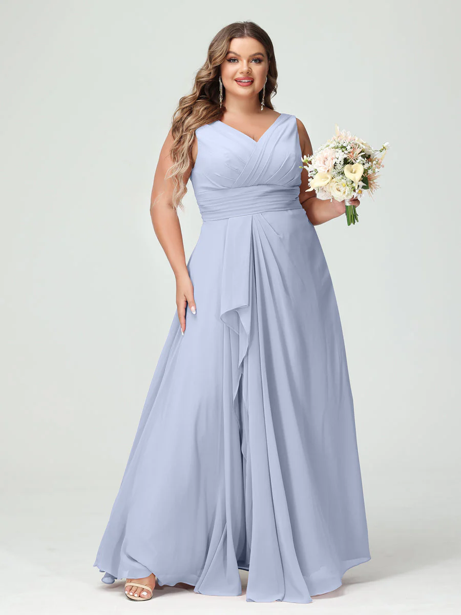 A-Line/Princess V-Neck Sleeveless Chiffon Ruffles Plus Size Bridesmaid Dresses with Pockets & Ruffles - Image 49