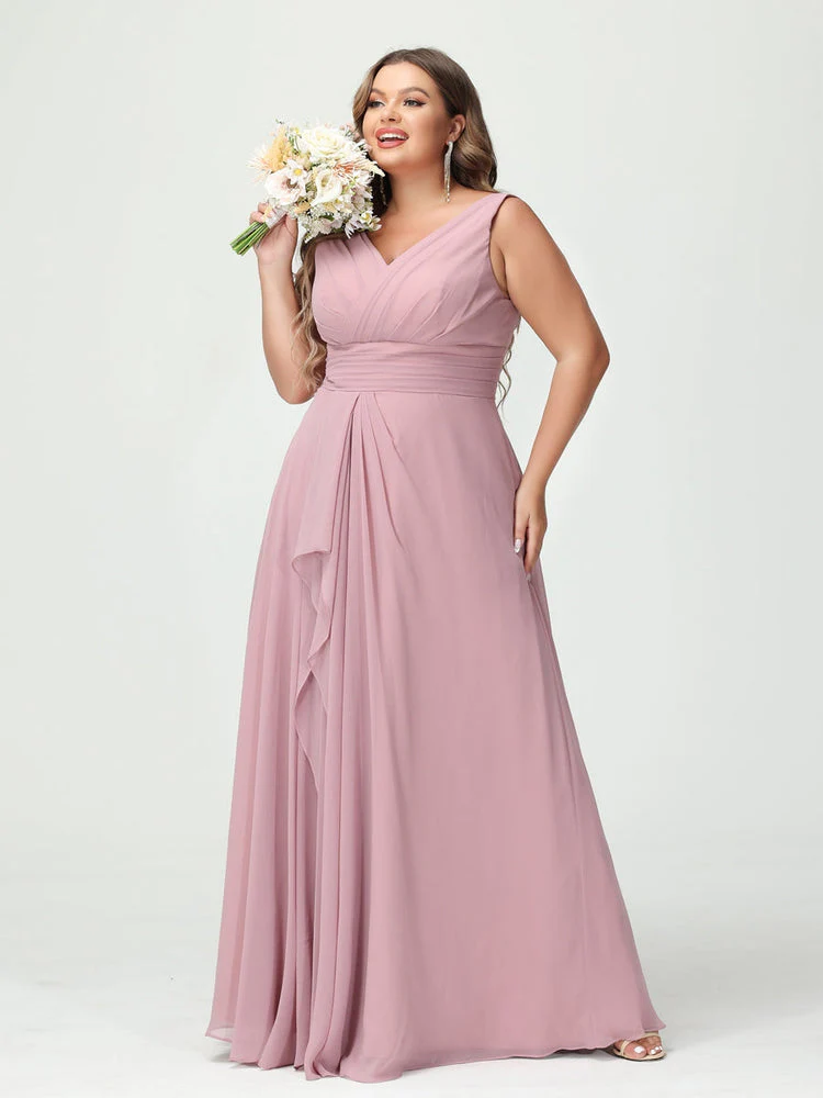 A-Line/Princess V-Neck Sleeveless Chiffon Ruffles Plus Size Bridesmaid Dresses with Pockets & Ruffles - Image 5