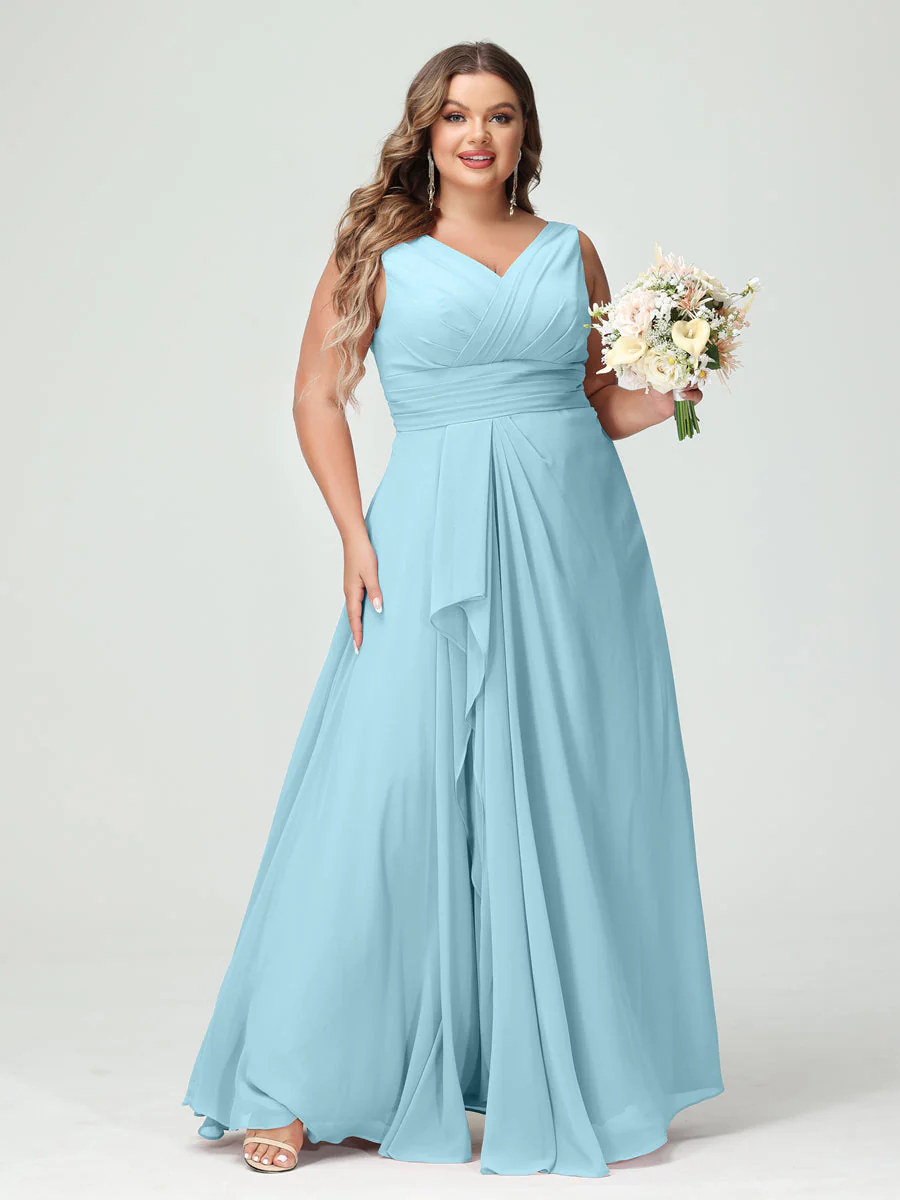 A-Line/Princess V-Neck Sleeveless Chiffon Ruffles Plus Size Bridesmaid Dresses with Pockets & Ruffles - Image 50