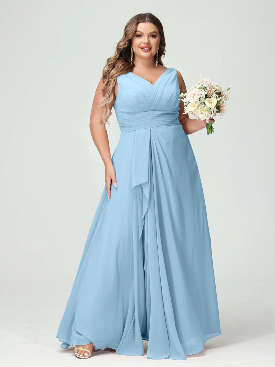 A-Line/Princess V-Neck Sleeveless Chiffon Ruffles Plus Size Bridesmaid Dresses with Pockets & Ruffles - Image 51