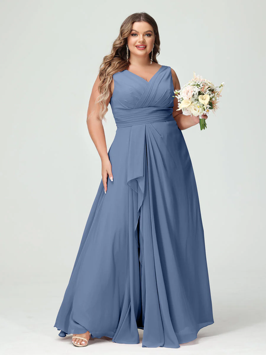 A-Line/Princess V-Neck Sleeveless Chiffon Ruffles Plus Size Bridesmaid Dresses with Pockets & Ruffles - Image 52