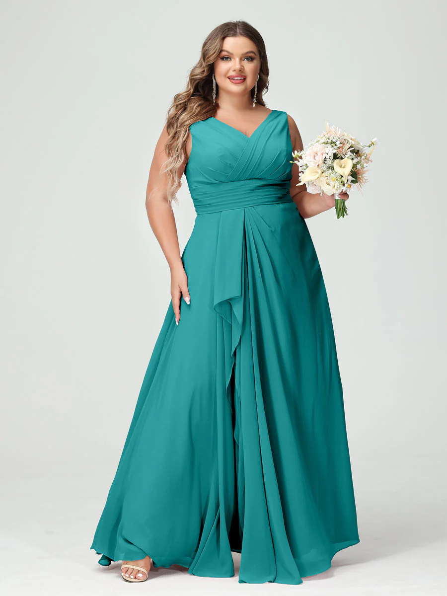 A-Line/Princess V-Neck Sleeveless Chiffon Ruffles Plus Size Bridesmaid Dresses with Pockets & Ruffles - Image 53