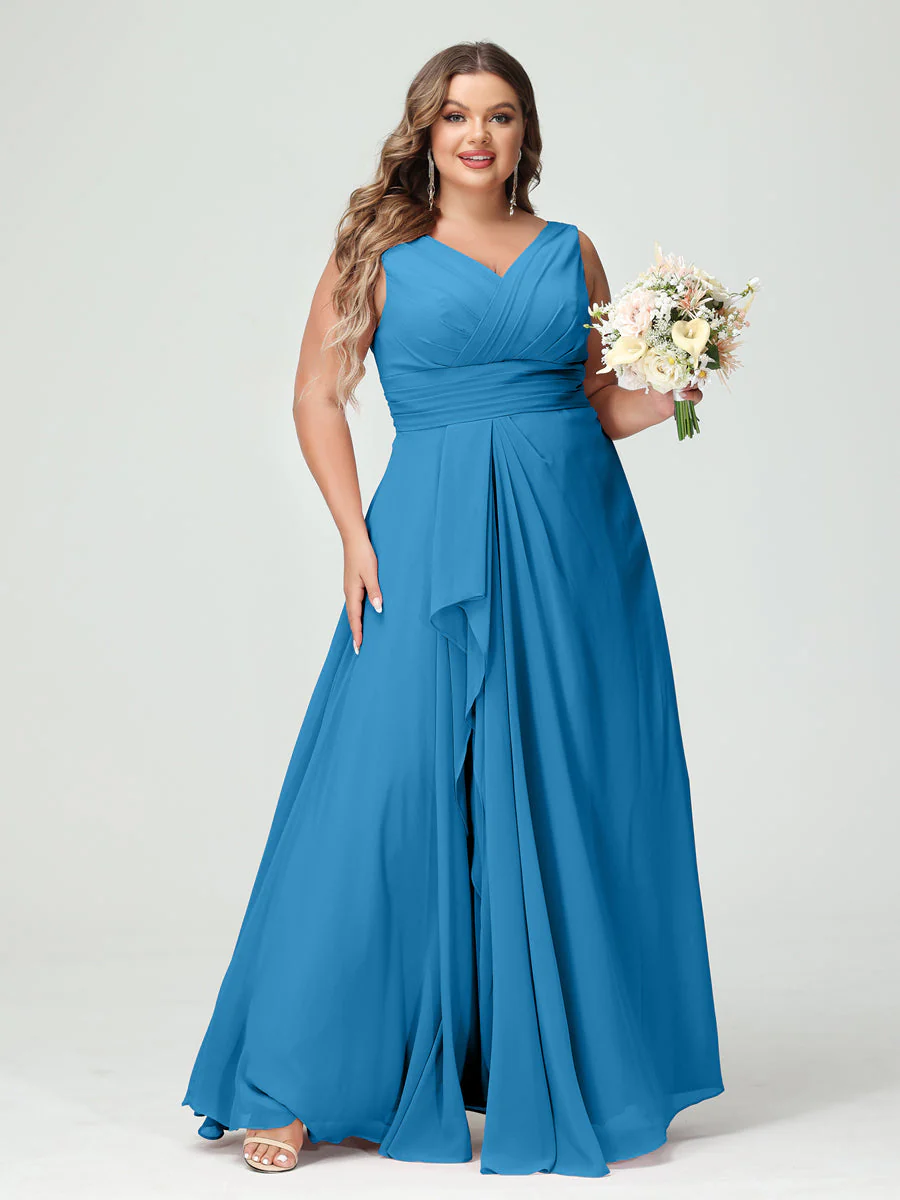 A-Line/Princess V-Neck Sleeveless Chiffon Ruffles Plus Size Bridesmaid Dresses with Pockets & Ruffles - Image 54