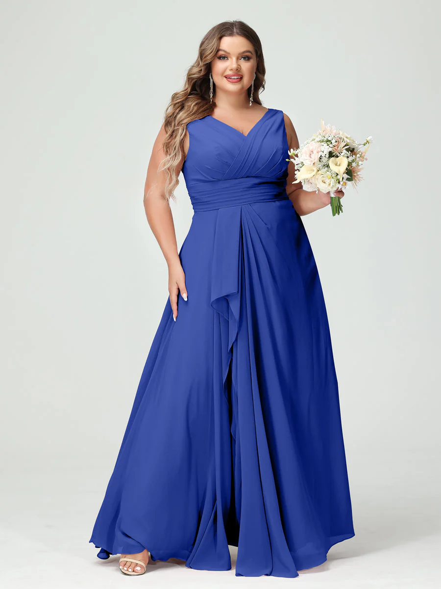 A-Line/Princess V-Neck Sleeveless Chiffon Ruffles Plus Size Bridesmaid Dresses with Pockets & Ruffles - Image 55