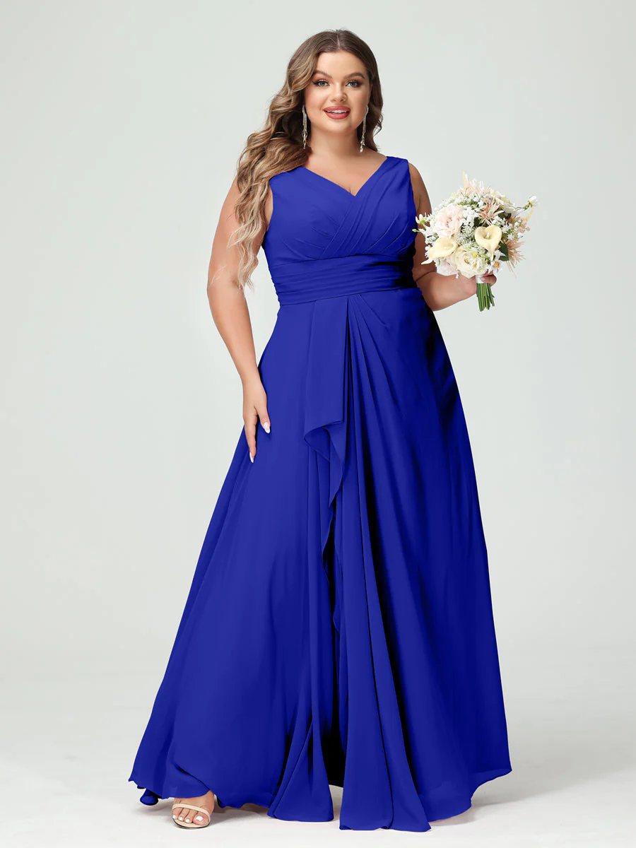 A-Line/Princess V-Neck Sleeveless Chiffon Ruffles Plus Size Bridesmaid Dresses with Pockets & Ruffles - Image 56