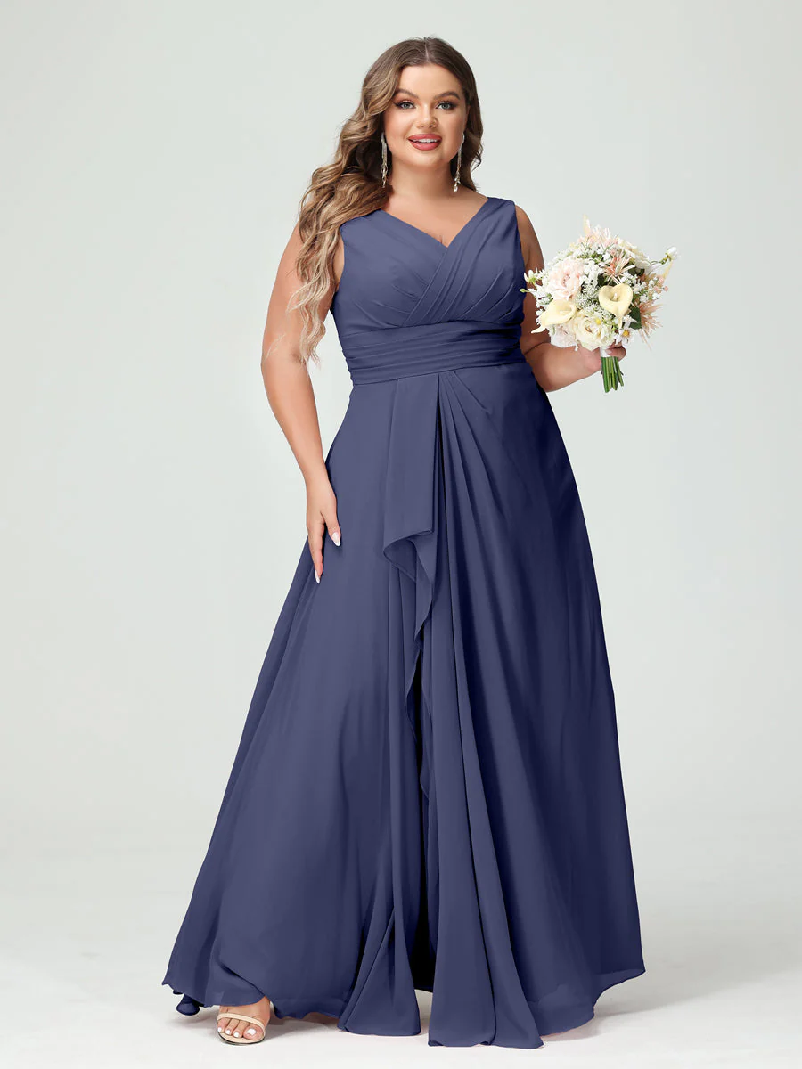 A-Line/Princess V-Neck Sleeveless Chiffon Ruffles Plus Size Bridesmaid Dresses with Pockets & Ruffles - Image 58