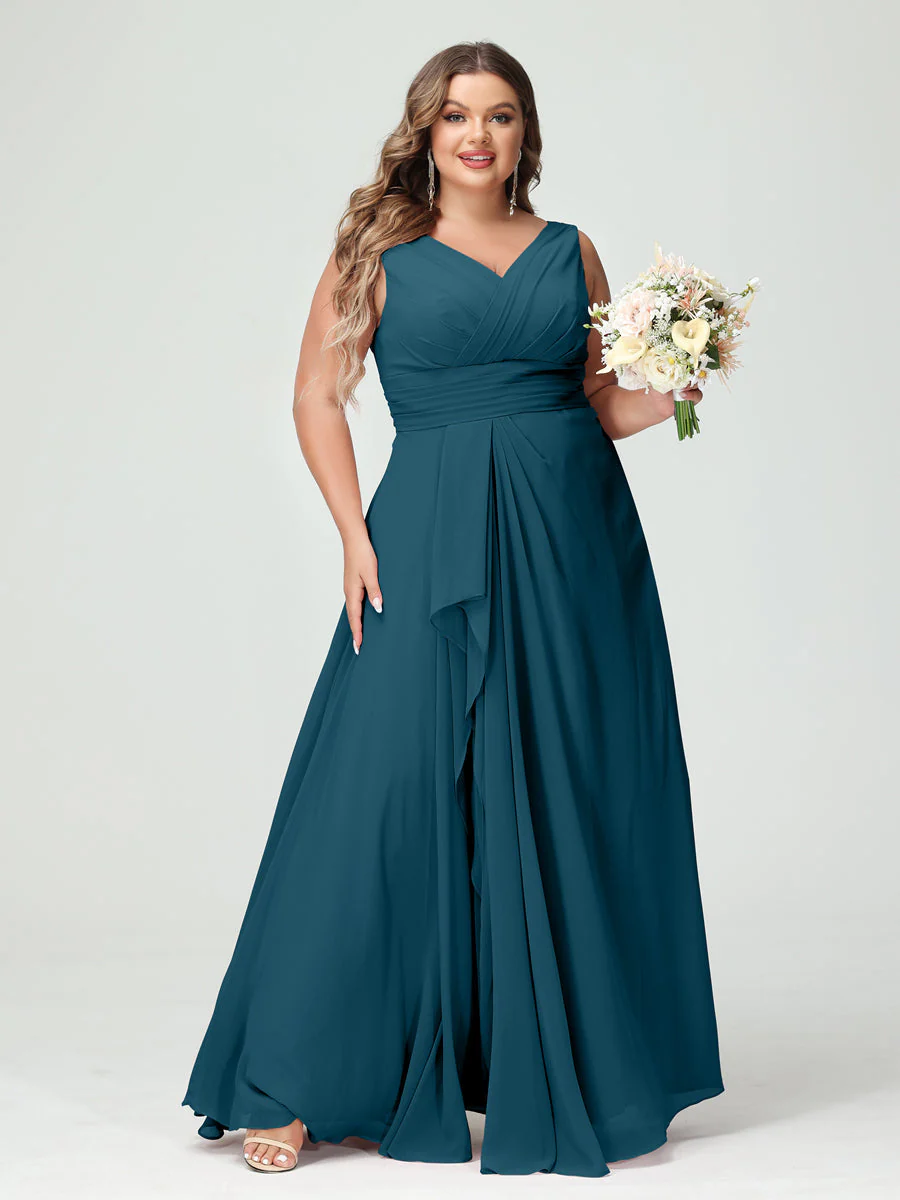 A-Line/Princess V-Neck Sleeveless Chiffon Ruffles Plus Size Bridesmaid Dresses with Pockets & Ruffles - Image 59