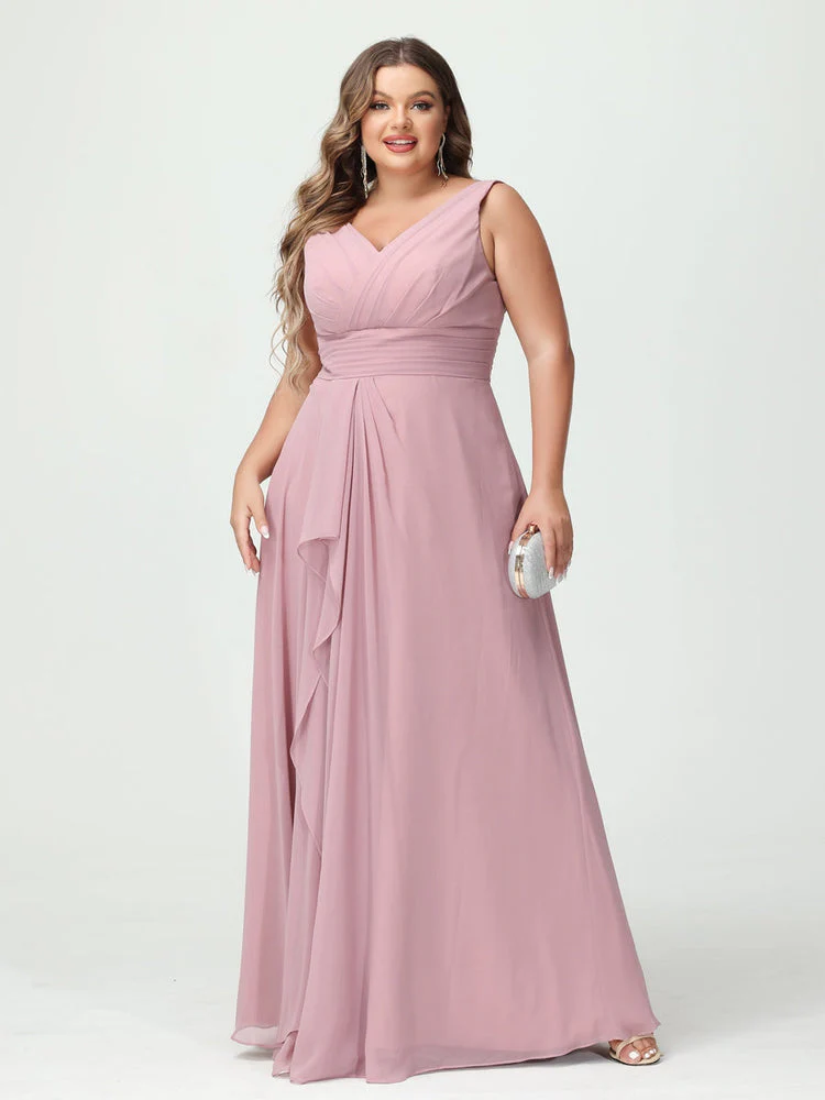 A-Line/Princess V-Neck Sleeveless Chiffon Ruffles Plus Size Bridesmaid Dresses with Pockets & Ruffles - Image 6