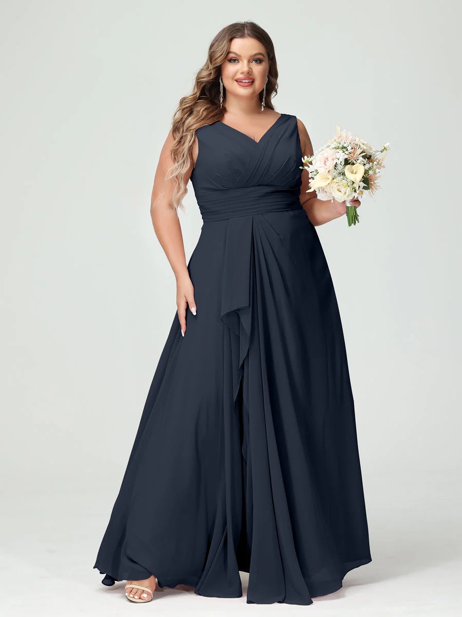 A-Line/Princess V-Neck Sleeveless Chiffon Ruffles Plus Size Bridesmaid Dresses with Pockets & Ruffles - Image 60