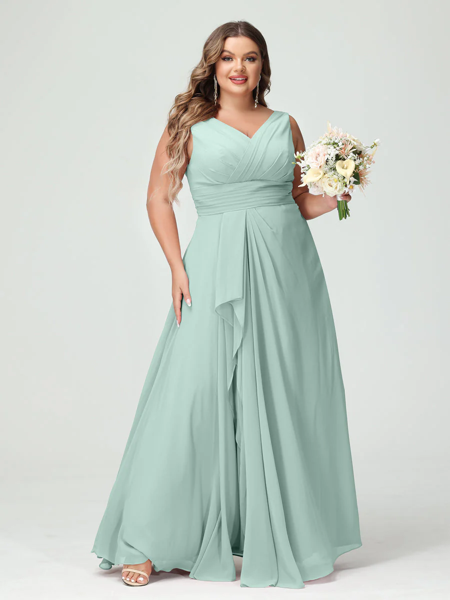 A-Line/Princess V-Neck Sleeveless Chiffon Ruffles Plus Size Bridesmaid Dresses with Pockets & Ruffles - Image 61