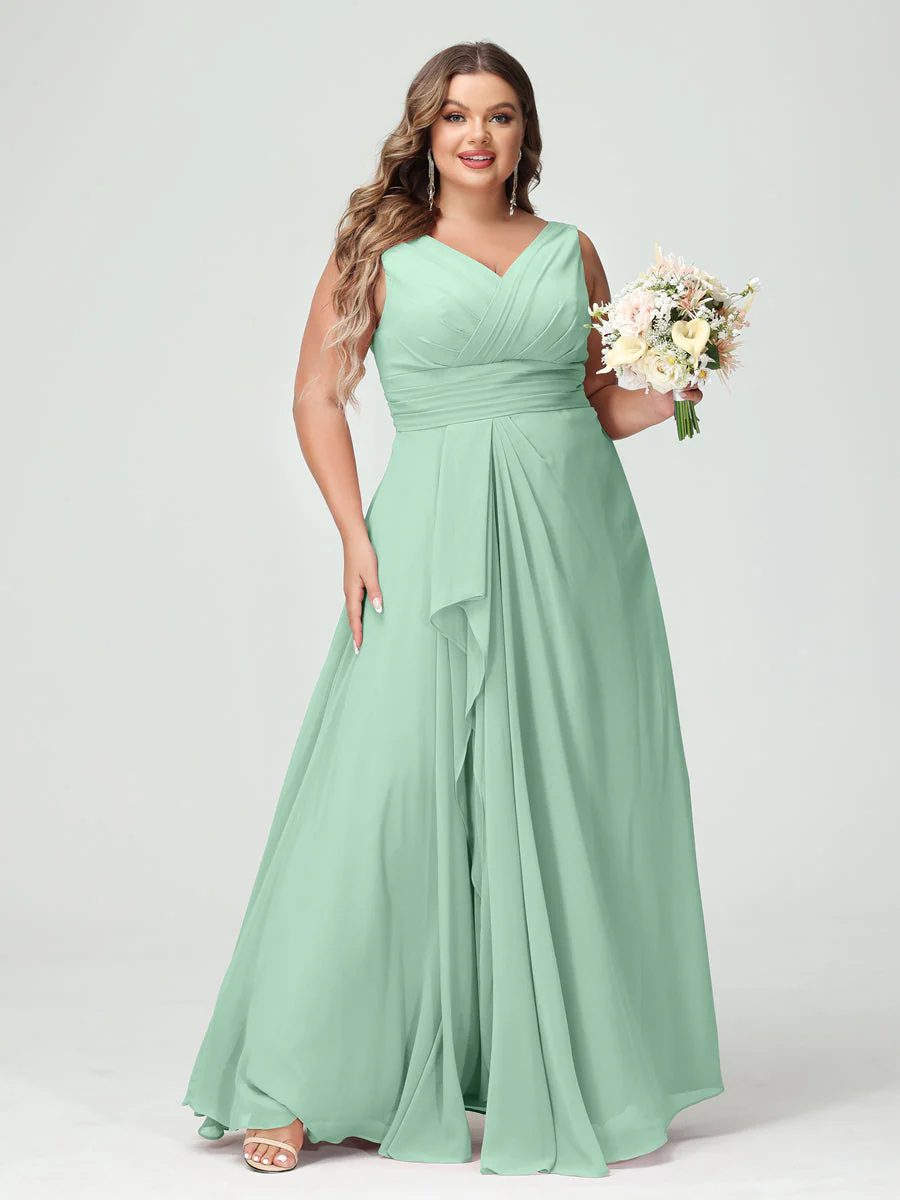 A-Line/Princess V-Neck Sleeveless Chiffon Ruffles Plus Size Bridesmaid Dresses with Pockets & Ruffles - Image 62