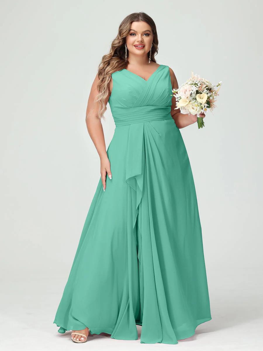 A-Line/Princess V-Neck Sleeveless Chiffon Ruffles Plus Size Bridesmaid Dresses with Pockets & Ruffles - Image 63