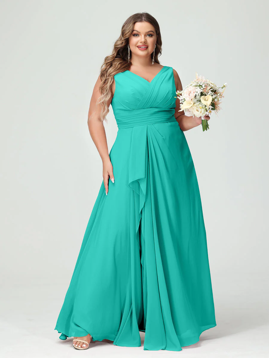 A-Line/Princess V-Neck Sleeveless Chiffon Ruffles Plus Size Bridesmaid Dresses with Pockets & Ruffles - Image 64