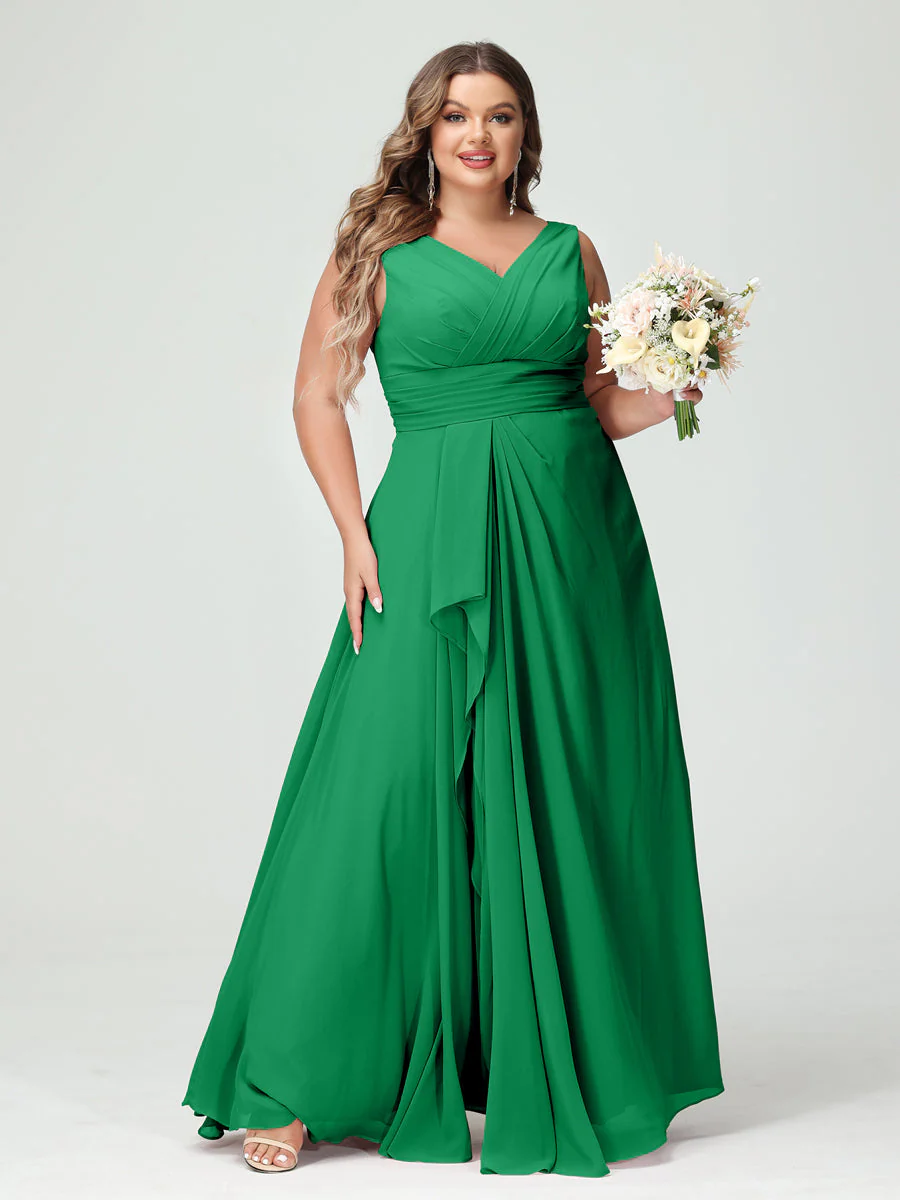 A-Line/Princess V-Neck Sleeveless Chiffon Ruffles Plus Size Bridesmaid Dresses with Pockets & Ruffles - Image 65