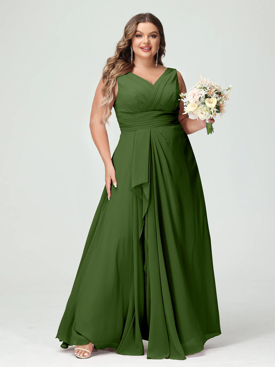 A-Line/Princess V-Neck Sleeveless Chiffon Ruffles Plus Size Bridesmaid Dresses with Pockets & Ruffles - Image 66