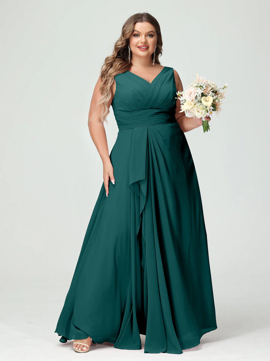 A-Line/Princess V-Neck Sleeveless Chiffon Ruffles Plus Size Bridesmaid Dresses with Pockets & Ruffles - Image 67
