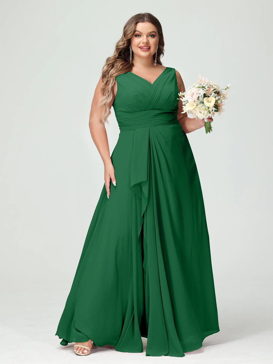 A-Line/Princess V-Neck Sleeveless Chiffon Ruffles Plus Size Bridesmaid Dresses with Pockets & Ruffles - Image 68